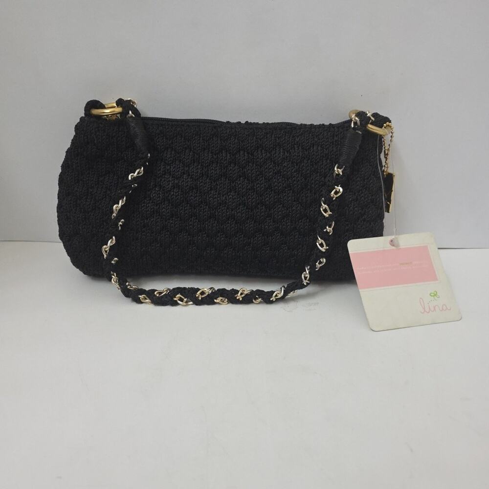 Lina Black Crochet Baguette Shoulder Bag Gold Chain Strap Boho Chic Purse NWT